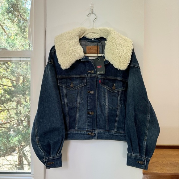 NWT Levi's Denim Jacket Sherpa Fleece Baby Bubble Trucker Jacket Dark Wash Small - Picture 5 of 13